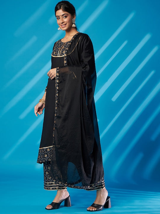 Black Floral Printed Gotta Patti A-Line Kurta With Palazzo & Dupatta 