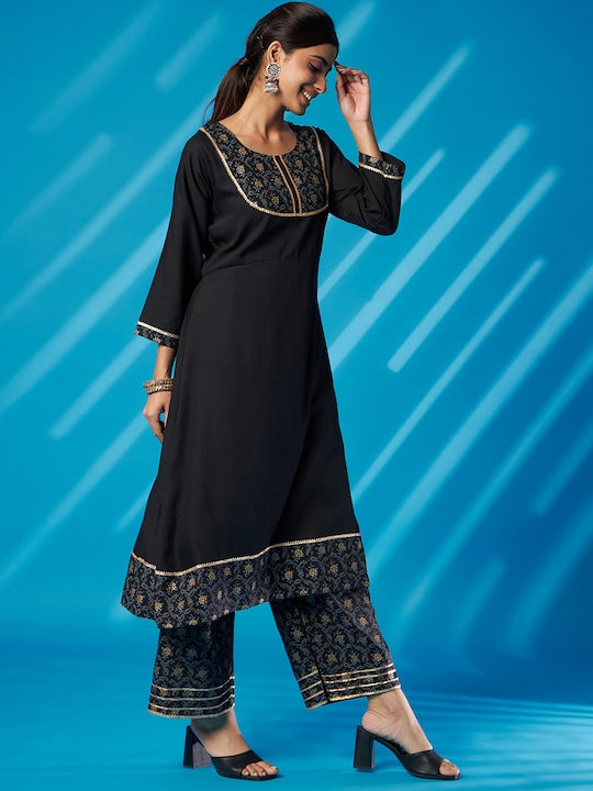 Black Floral Printed Gotta Patti A-Line Kurta With Palazzo & Dupatta 