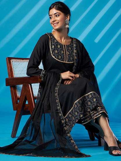 Black Floral Printed Gotta Patti A-Line Kurta With Palazzo & Dupatta 