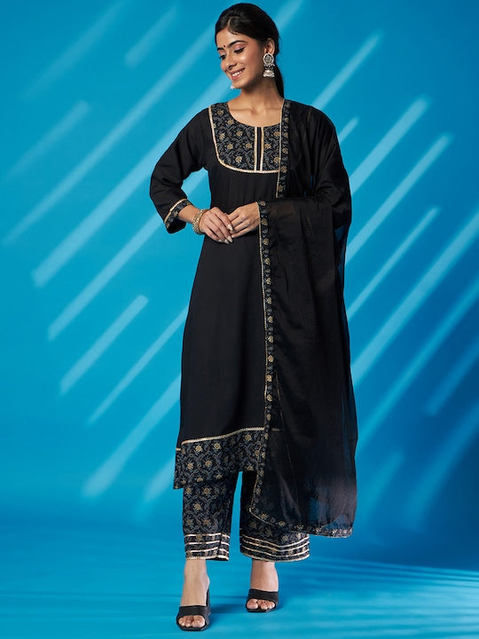 Black Floral Printed Gotta Patti A-Line Kurta With Palazzo & Dupatta 