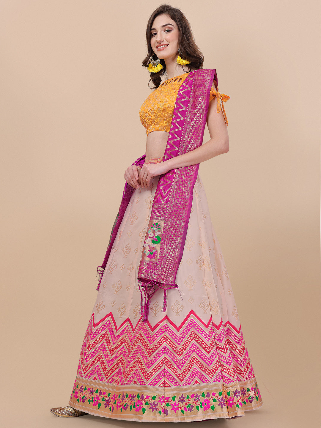 Cream Banarasi Silk Jacquard Lehenga Choli 