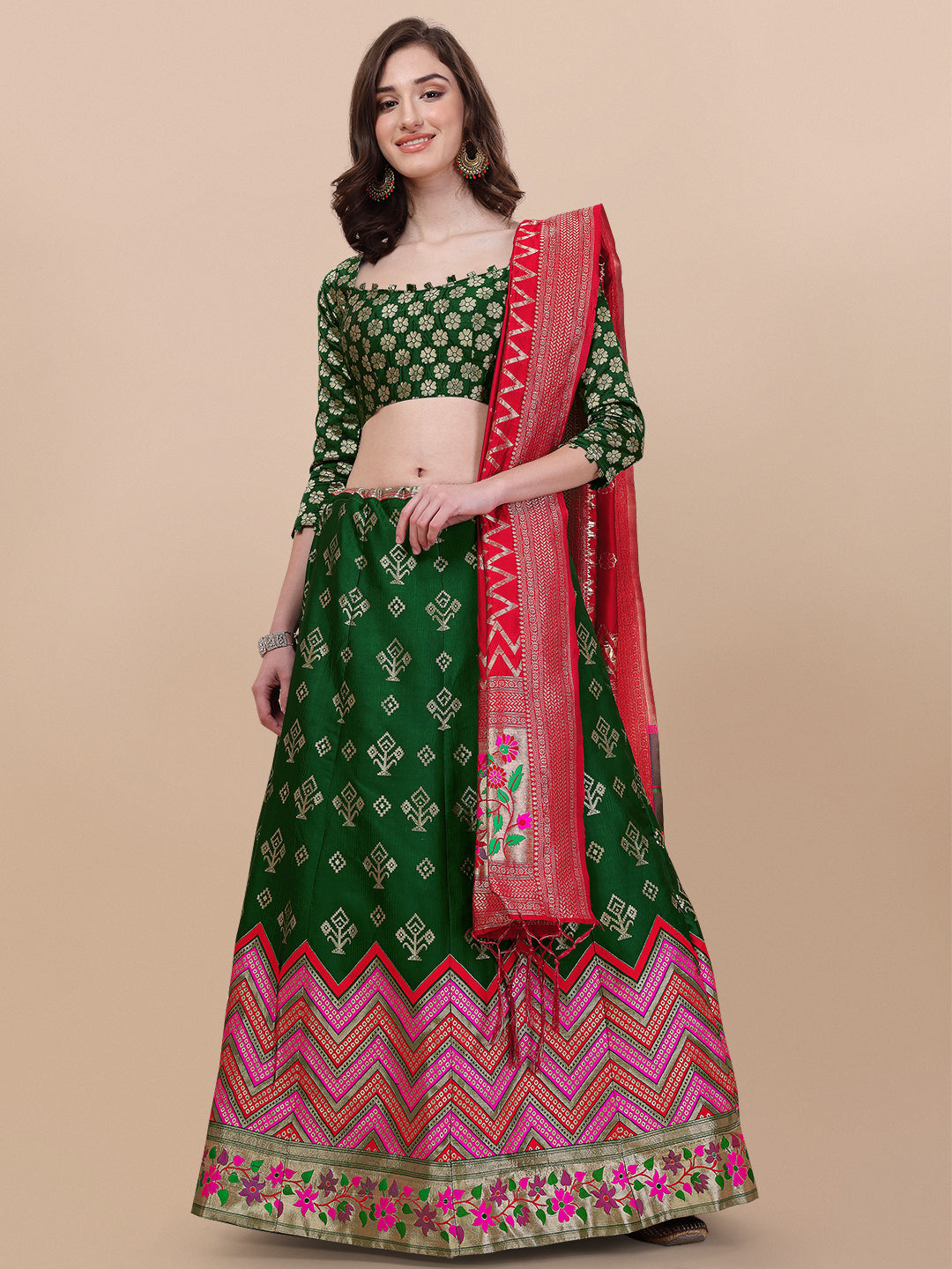 Green Banarasi Silk Jacquard Lehenga Choli 