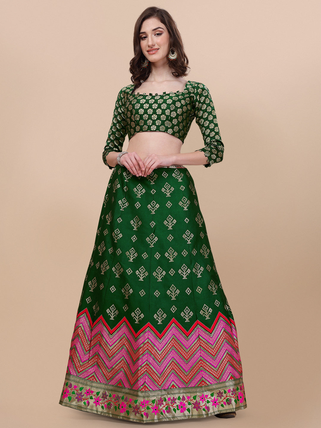 Green Banarasi Silk Jacquard Lehenga Choli 