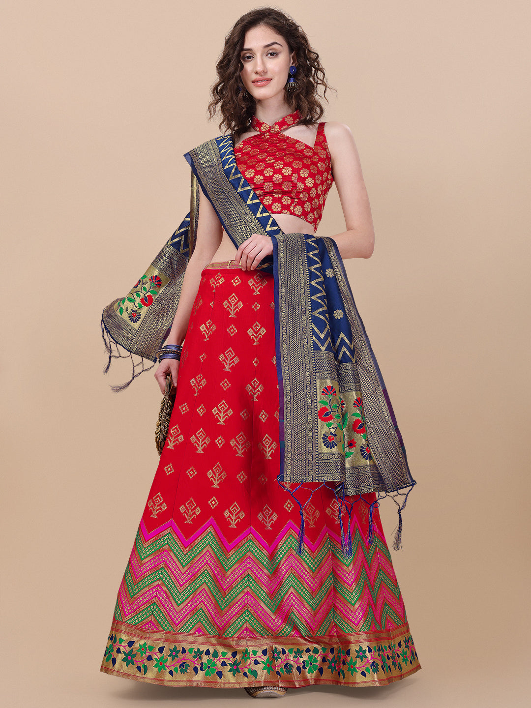 Red Banarasi Silk Jacquard Lehenga Choli 