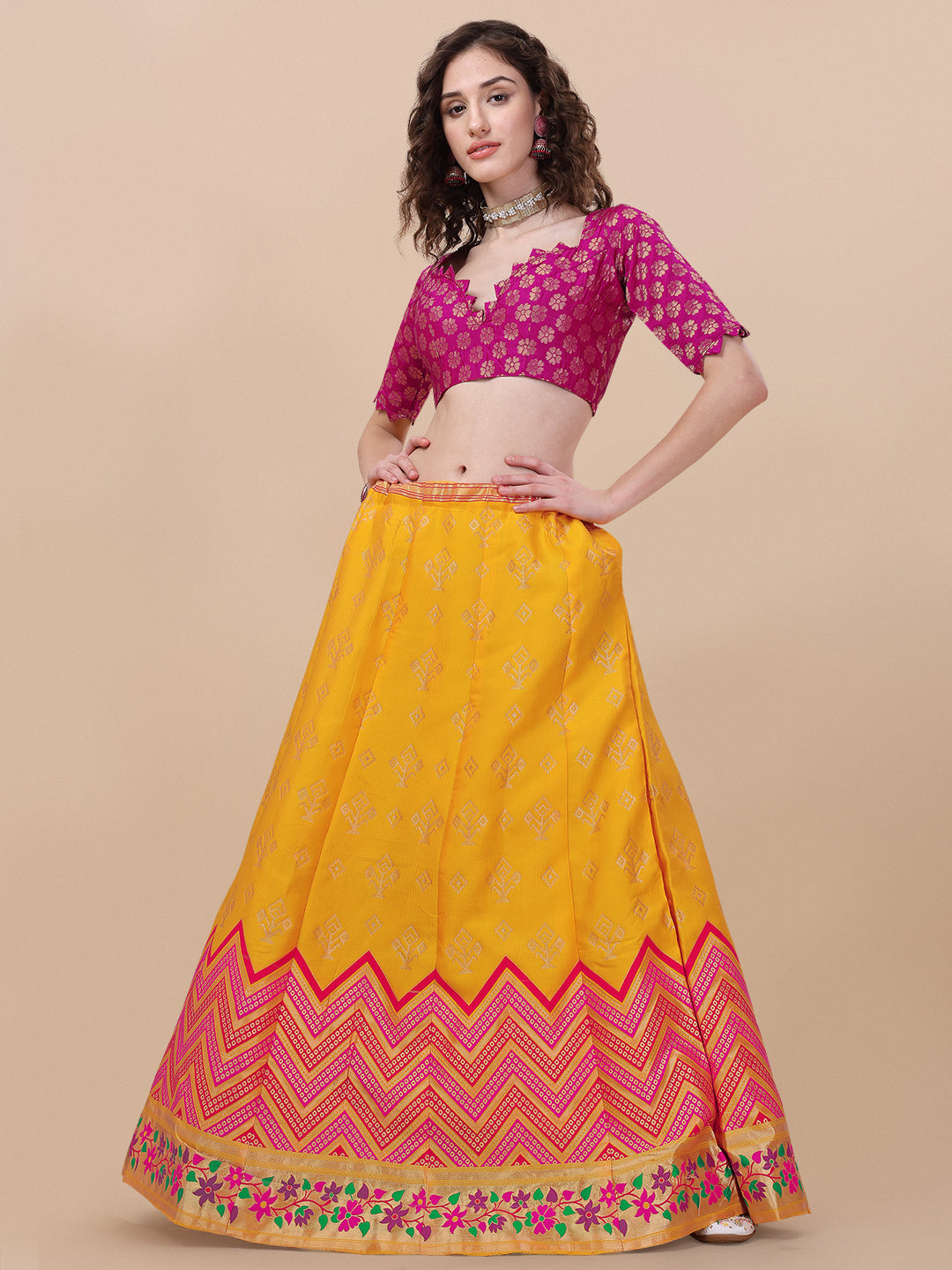 Yellow Banarasi Silk Jacquard Lehenga Choli 