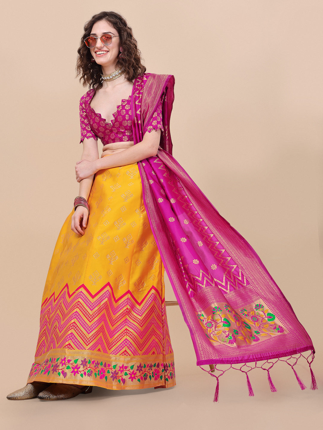 Yellow Banarasi Silk Jacquard Lehenga Choli 