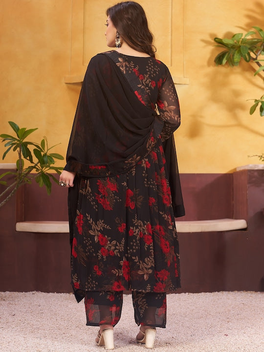 Black & Red Floral Printed Pleated Anarkali Kurta & Palazzos with Dupatta 