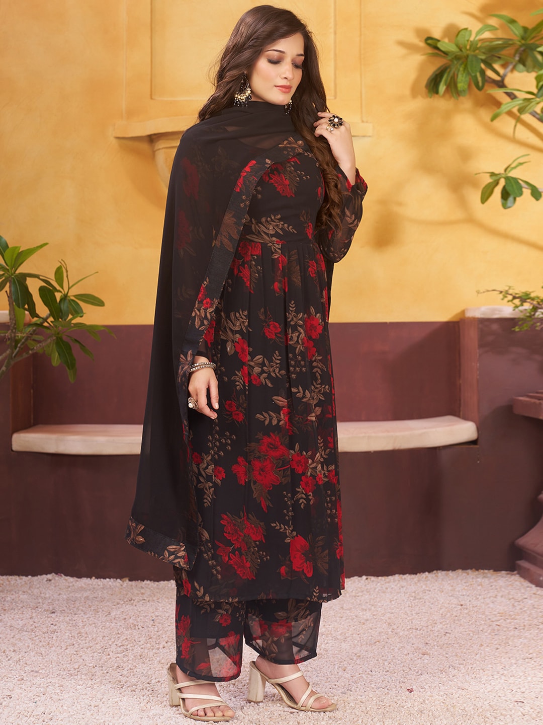 Black & Red Floral Printed Pleated Anarkali Kurta & Palazzos with Dupatta 