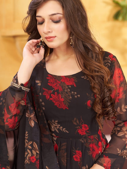 Black & Red Floral Printed Pleated Anarkali Kurta & Palazzos with Dupatta 