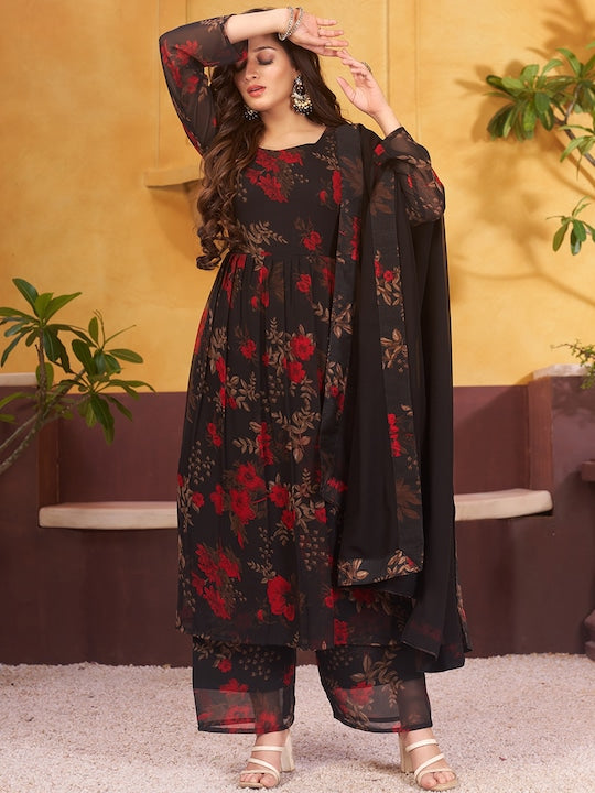 Black & Red Floral Printed Pleated Anarkali Kurta & Palazzos with Dupatta 