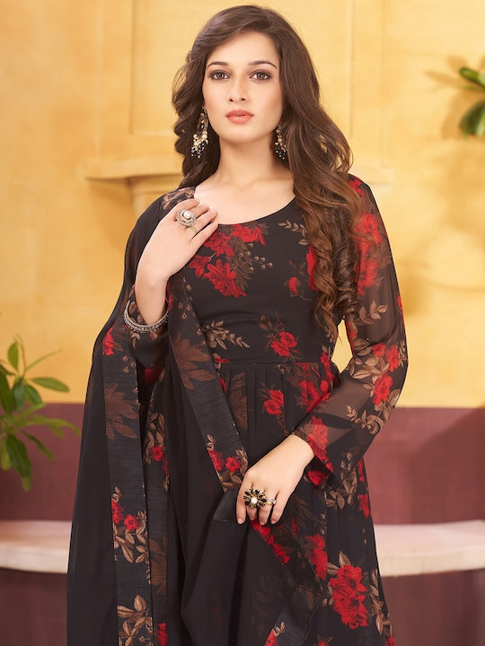 Black & Red Floral Printed Pleated Anarkali Kurta & Palazzos with Dupatta 