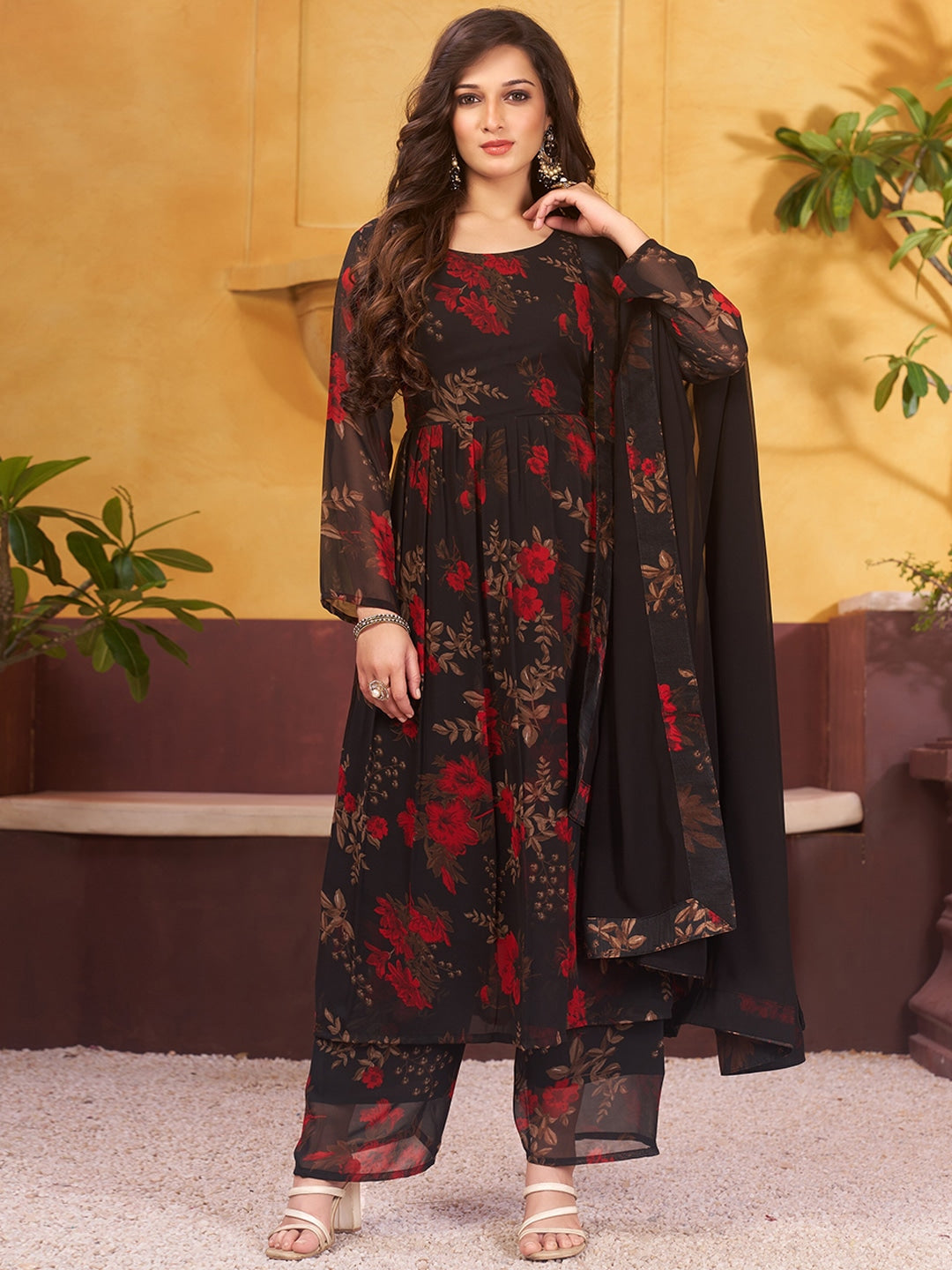 Black & Red Floral Printed Pleated Anarkali Kurta & Palazzos with Dupatta 