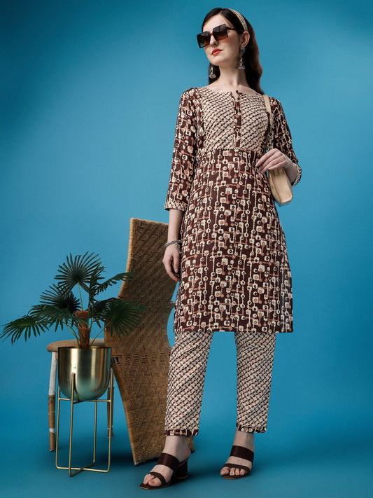 Brown Cotton Printed Gotta Patti Kurta with Trousers 