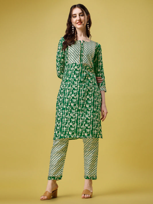 Green Cotton Printed Gotta Patti Kurta with Trousers 