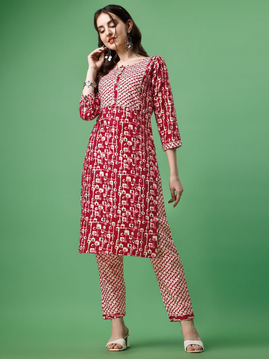 Red Cotton Printed Gotta Patti Kurta with Trousers 