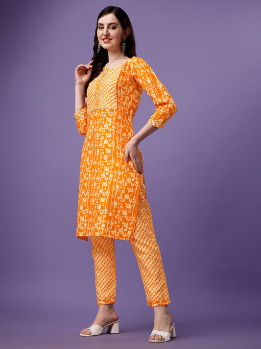 Yellow Cotton Printed Gotta Patti Kurta with Trousers 