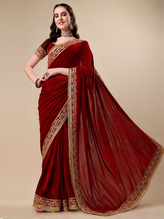 Maroon Velvet Embroidery Saree for Women 