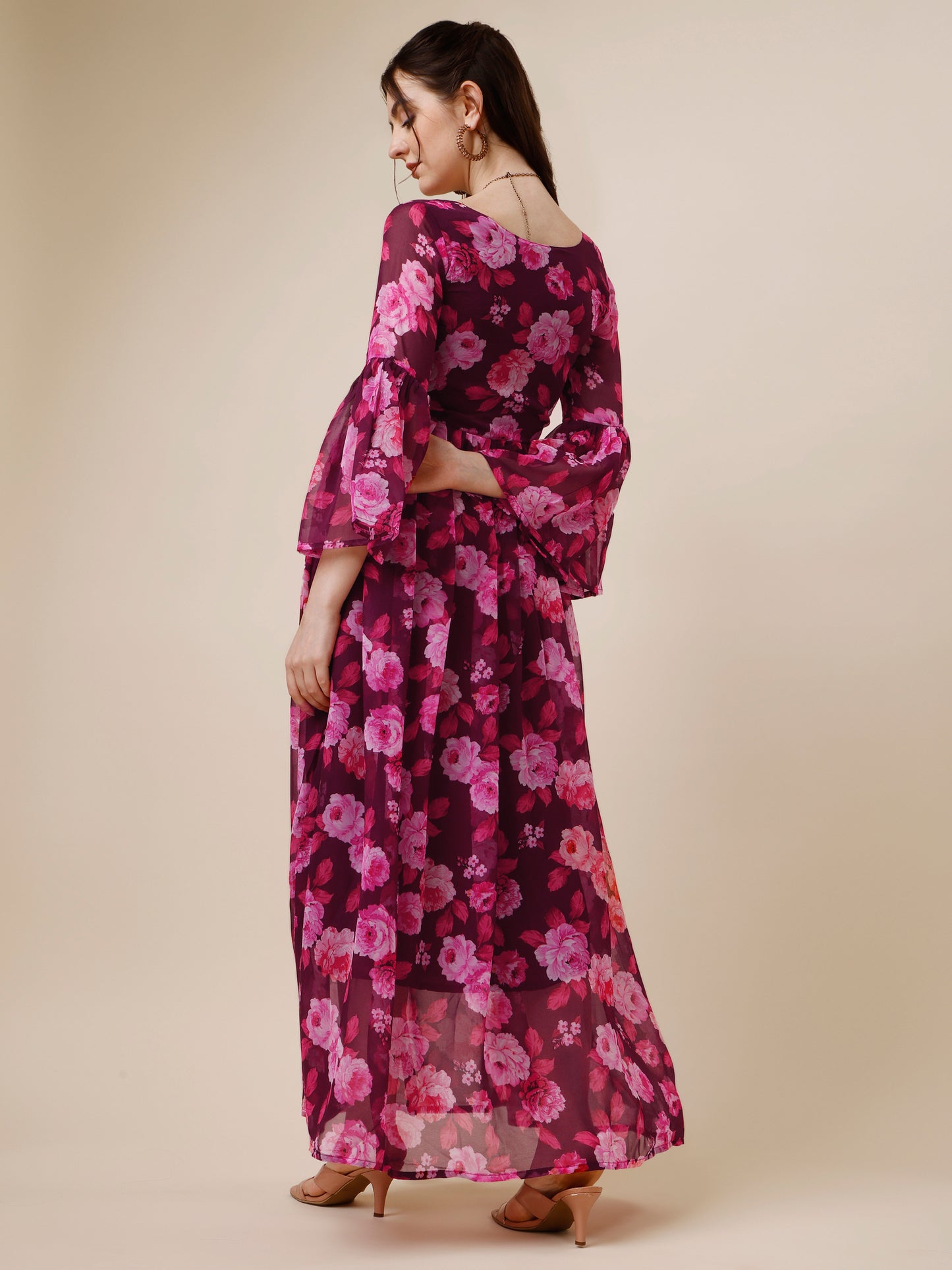 Purple Floral Printed Bell Sleeve Georgette Maxi Dress 