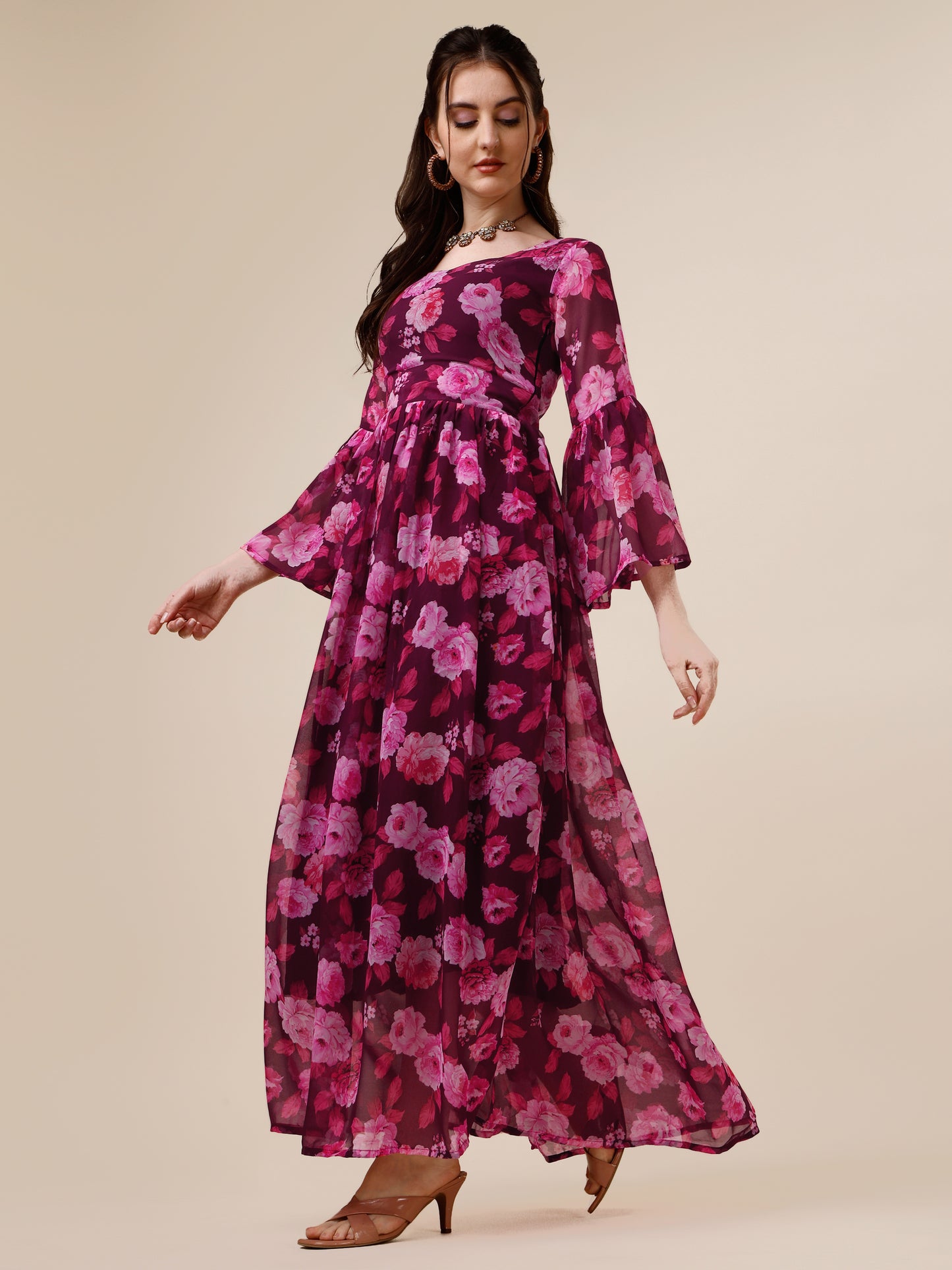 Purple Floral Printed Bell Sleeve Georgette Maxi Dress 