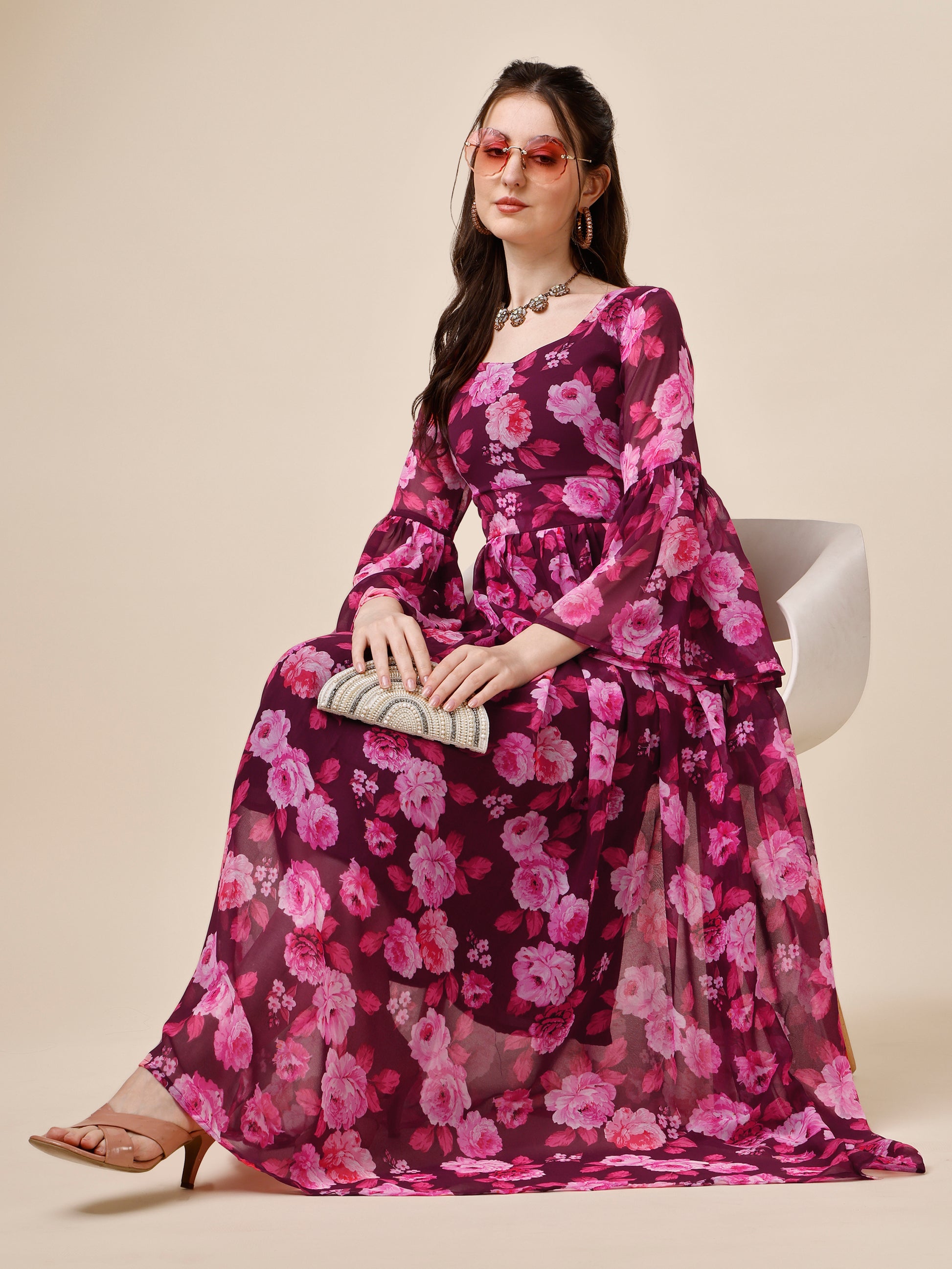 Purple Floral Printed Bell Sleeve Georgette Maxi Dress 