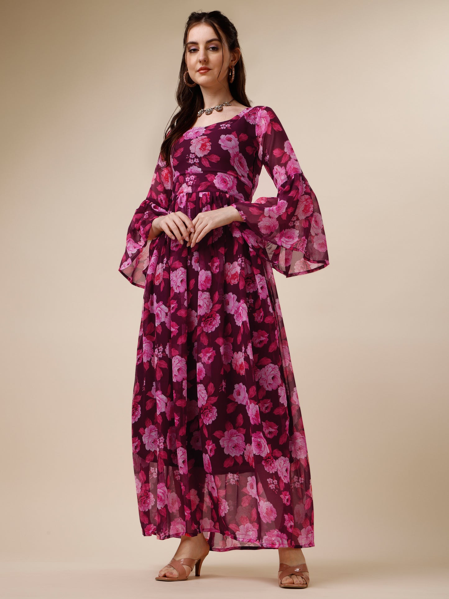 Purple Floral Printed Bell Sleeve Georgette Maxi Dress 