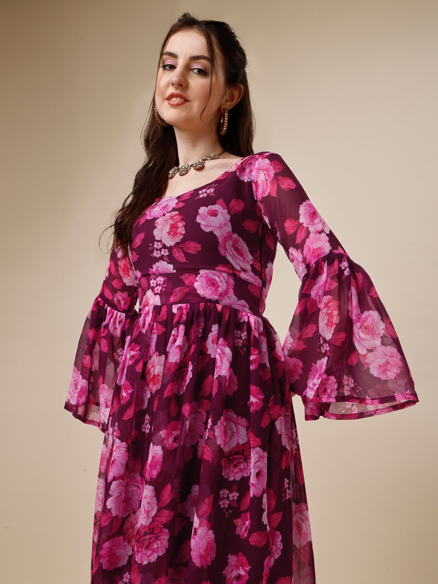 Purple Floral Printed Bell Sleeve Georgette Maxi Dress 