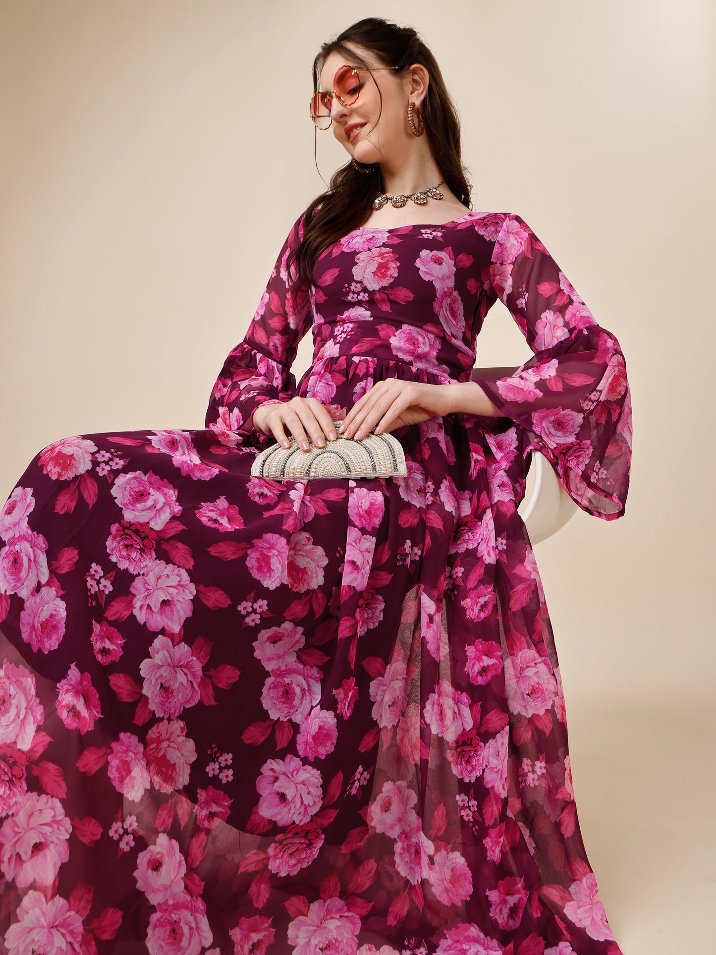 Purple Floral Printed Bell Sleeve Georgette Maxi Dress 