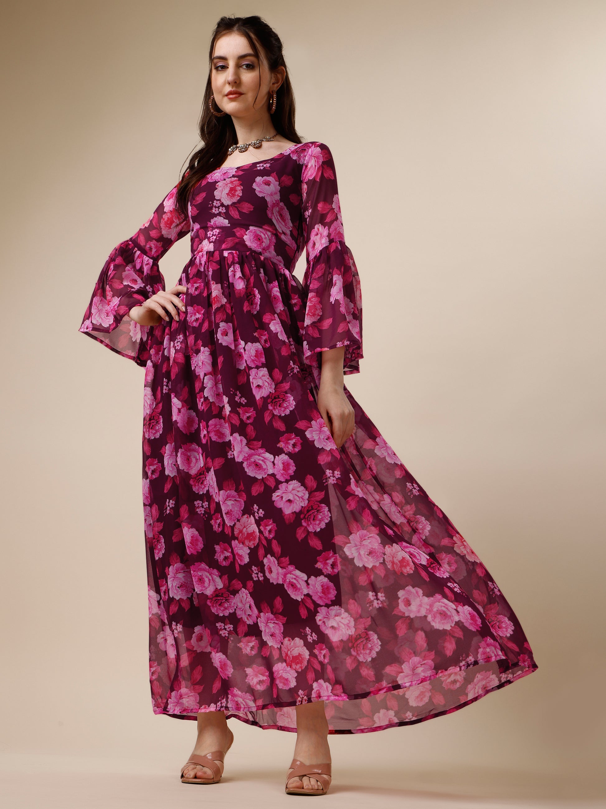 Purple Floral Printed Bell Sleeve Georgette Maxi Dress 