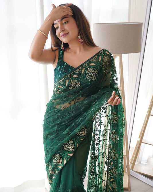 Green Soft Net Embroidery Saree for Women 