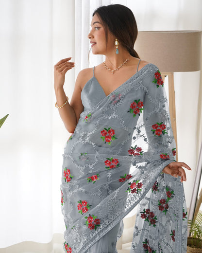 Grey Net Embroidery Saree for Women 