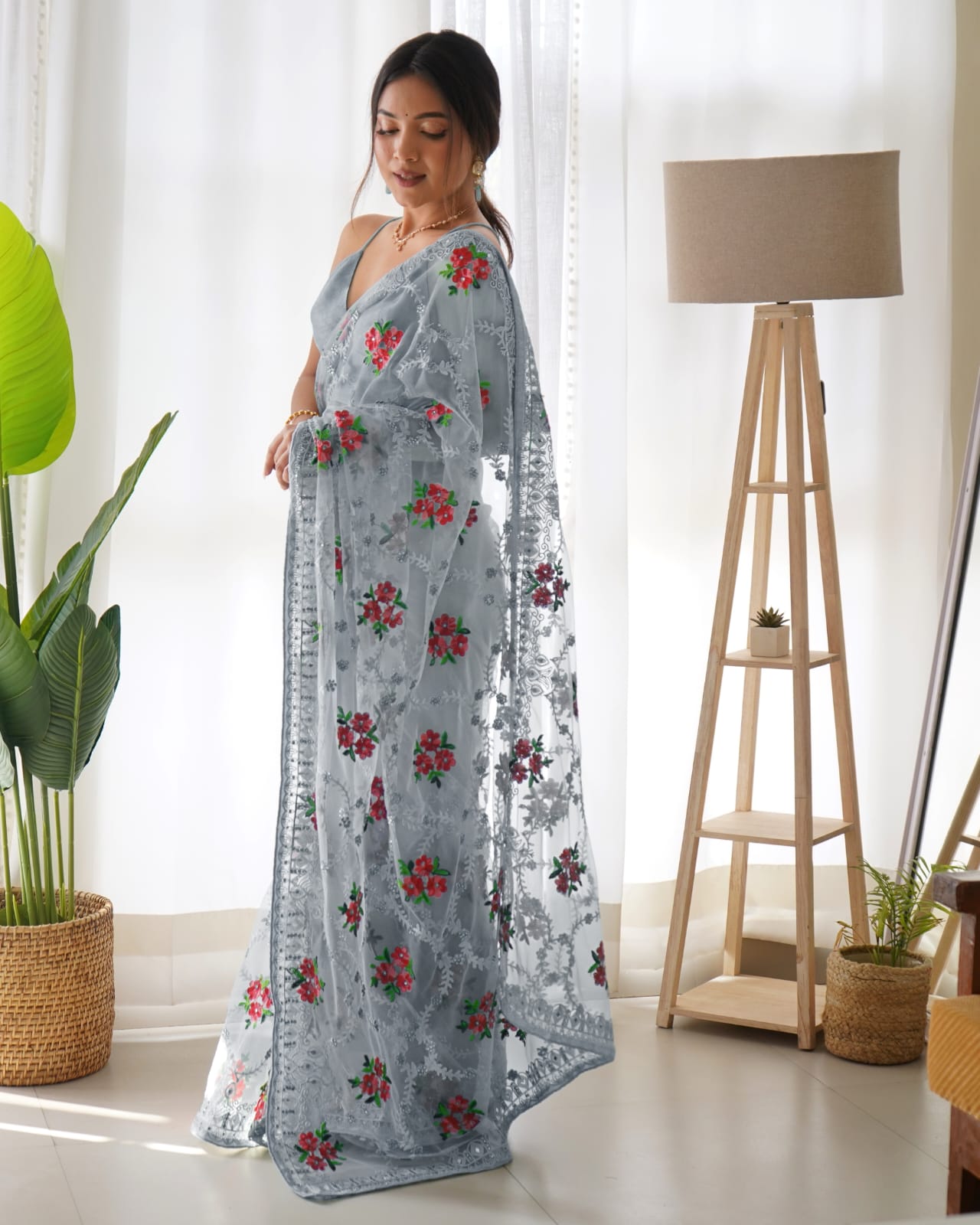 Grey Net Embroidery Saree for Women 