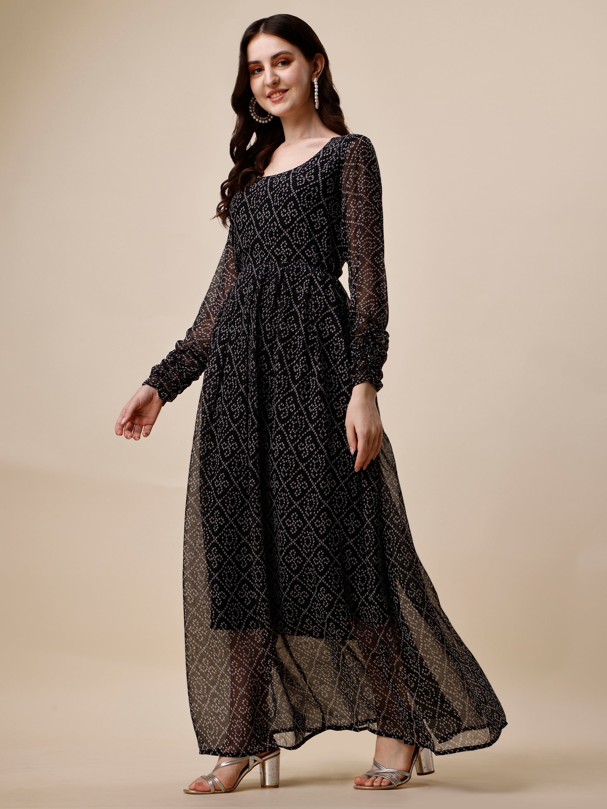 Black Georgette Bandini Printed Maxi Dress for Women 