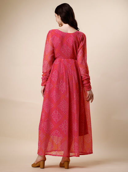 Pink Georgette Bandini Printed Maxi Dress for Women 