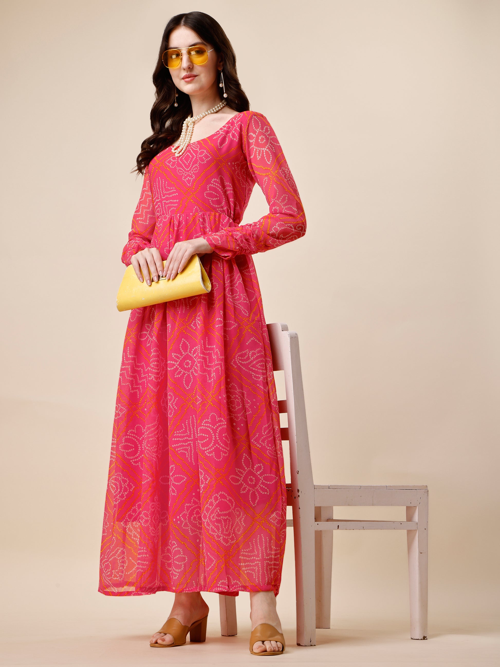 Pink Georgette Bandini Printed Maxi Dress for Women 