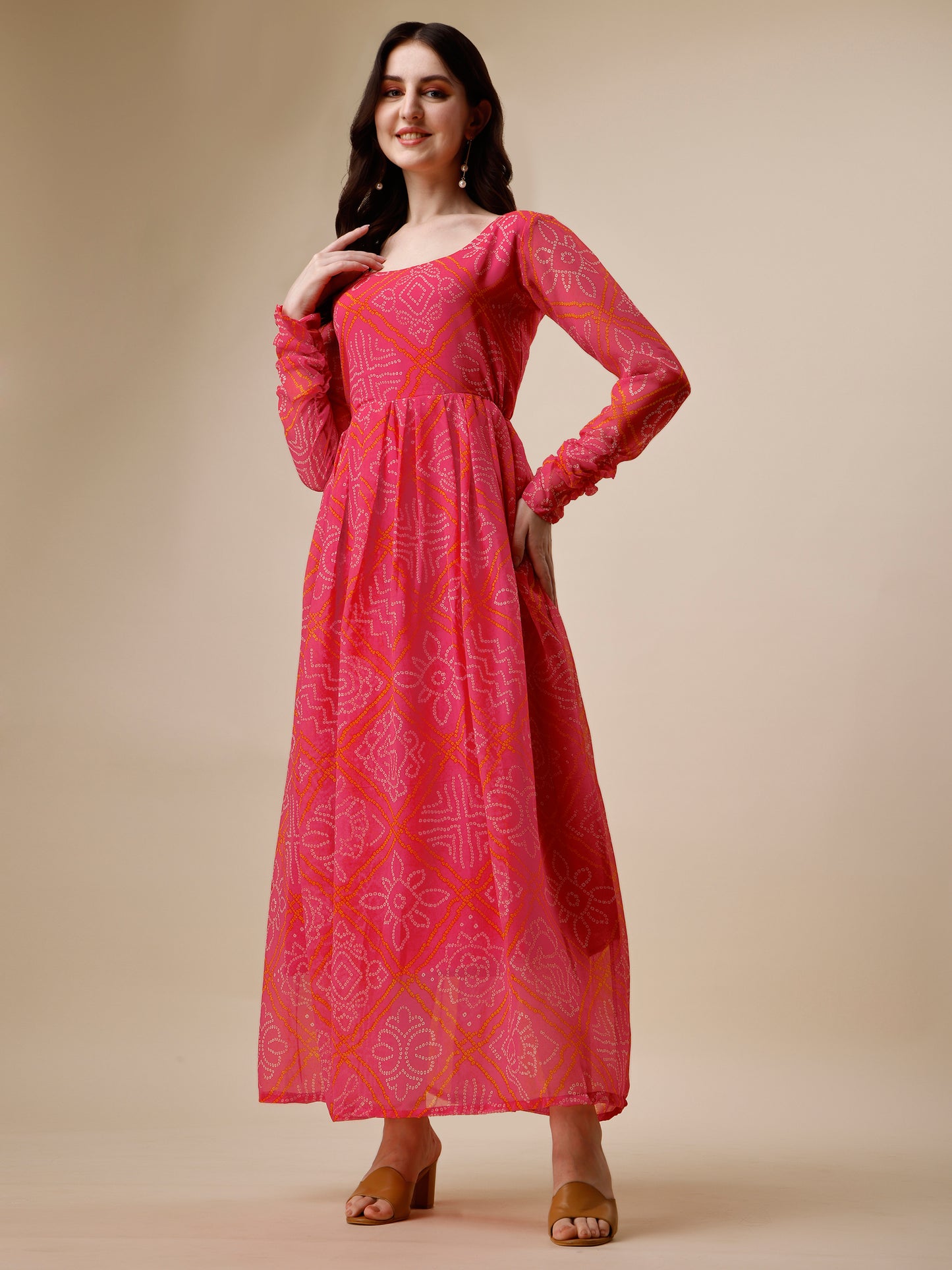 Pink Georgette Bandini Printed Maxi Dress for Women 