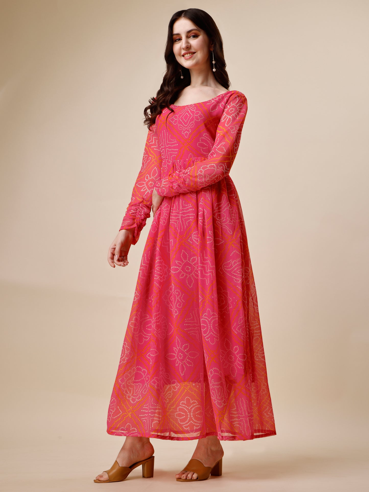 Pink Georgette Bandini Printed Maxi Dress for Women 