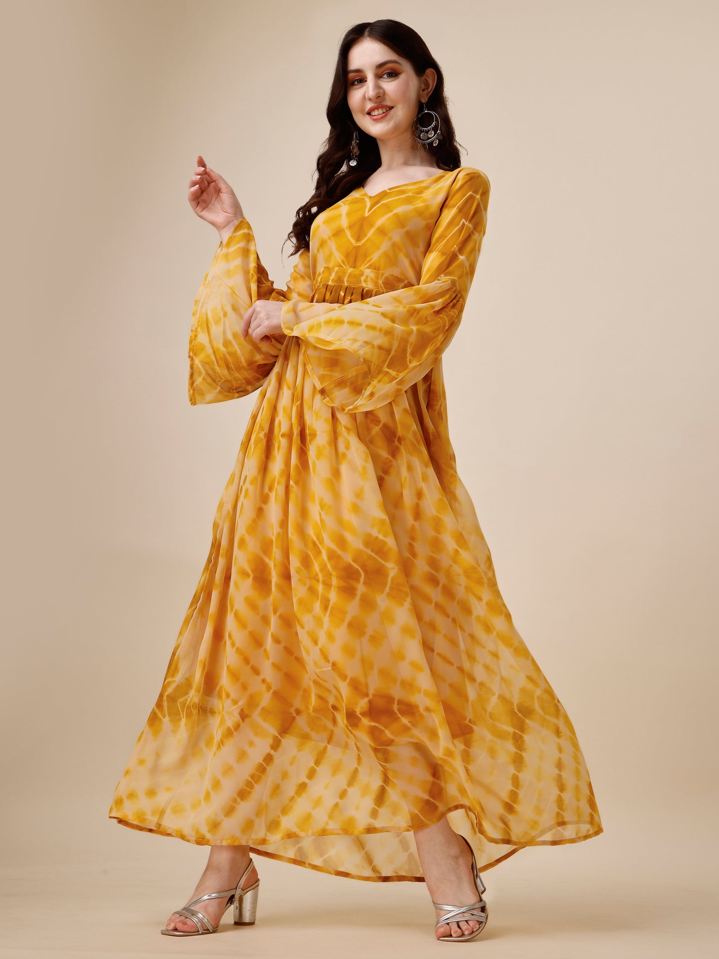 Yellow Tie And Dye Bell Sleeve Tiered Georgette Maxi Dress for Women 