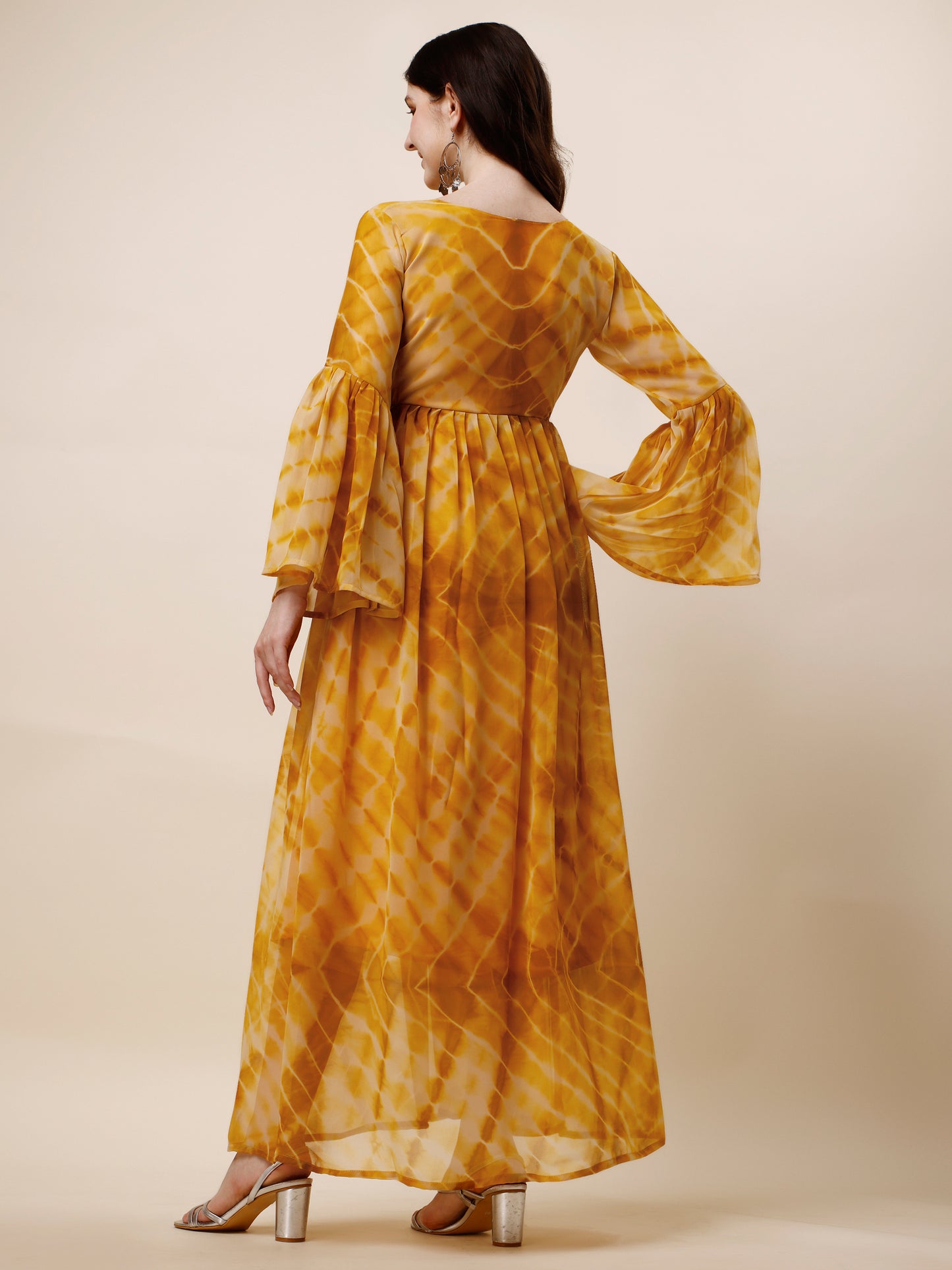 Yellow Tie And Dye Bell Sleeve Tiered Georgette Maxi Dress for Women 