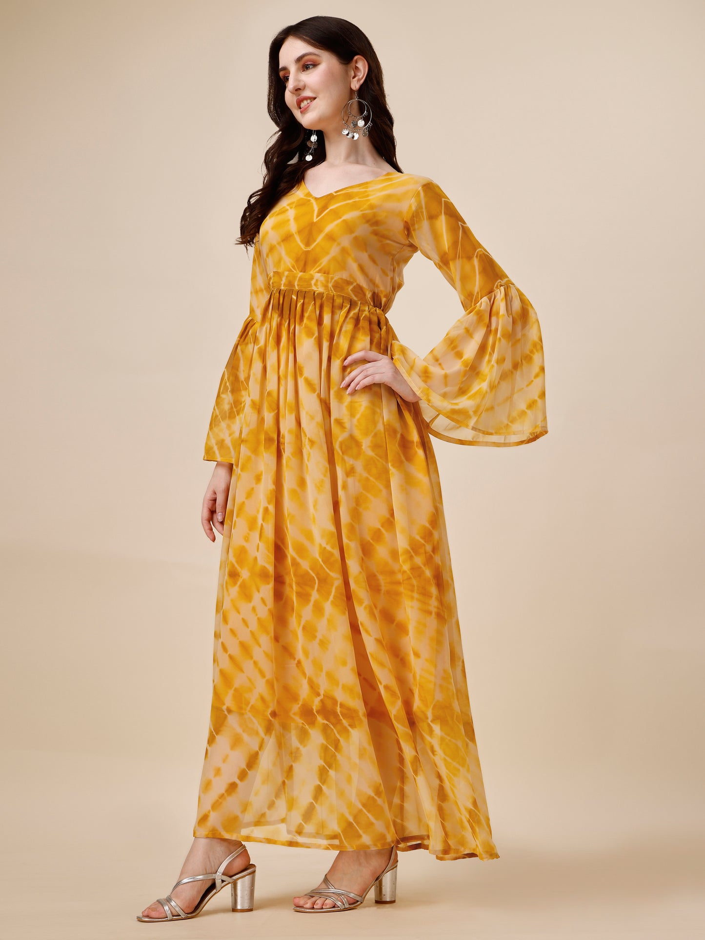 Yellow Tie And Dye Bell Sleeve Tiered Georgette Maxi Dress for Women 