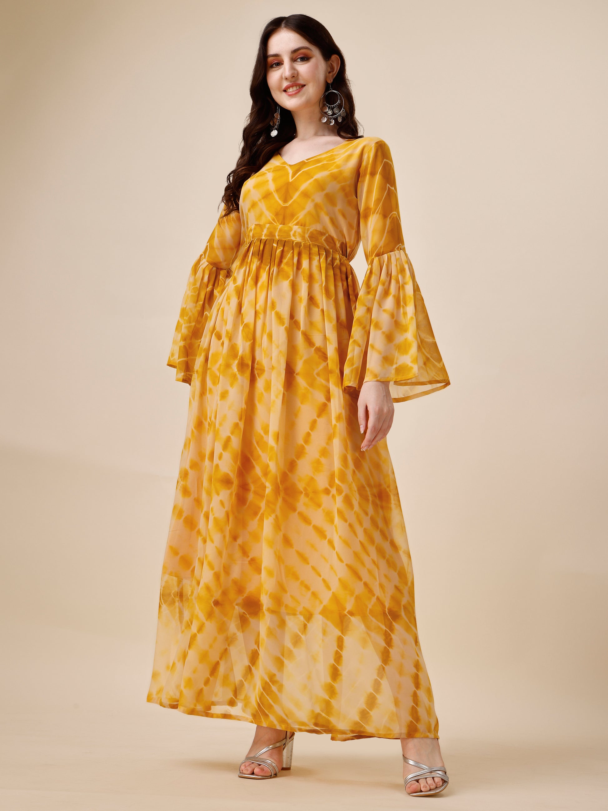 Yellow Tie And Dye Bell Sleeve Tiered Georgette Maxi Dress for Women 