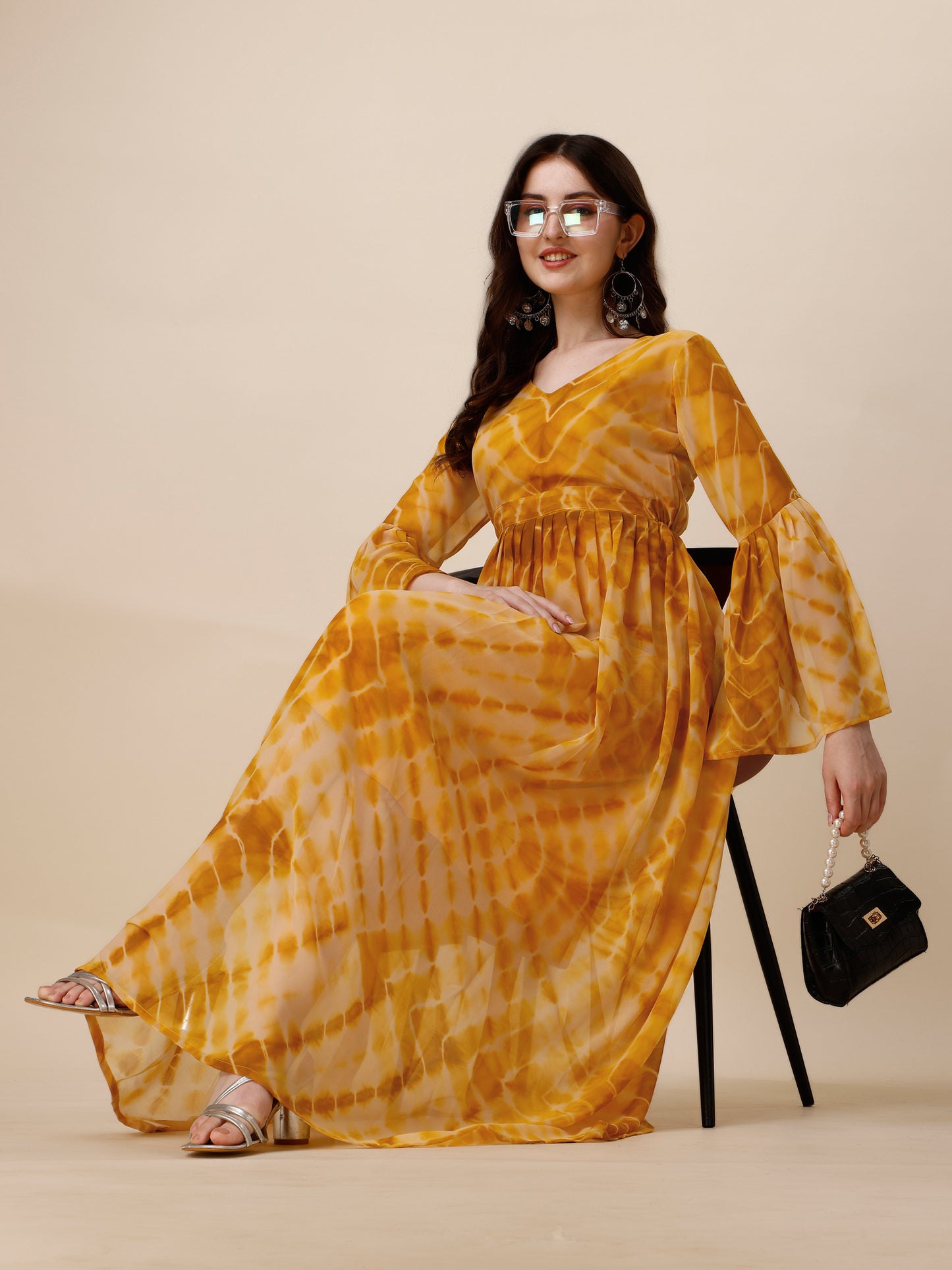 Yellow Tie And Dye Bell Sleeve Tiered Georgette Maxi Dress for Women 