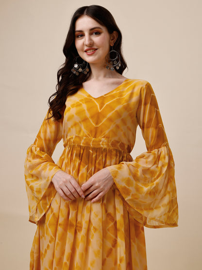 Yellow Tie And Dye Bell Sleeve Tiered Georgette Maxi Dress for Women 