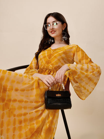 Yellow Tie And Dye Bell Sleeve Tiered Georgette Maxi Dress for Women 