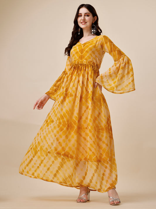 Yellow Tie And Dye Bell Sleeve Tiered Georgette Maxi Dress for Women 