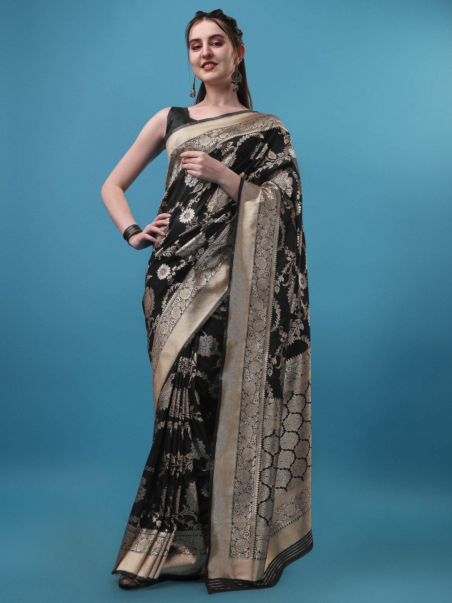 Black Banarasi Silk Jacquard Saree for Women 