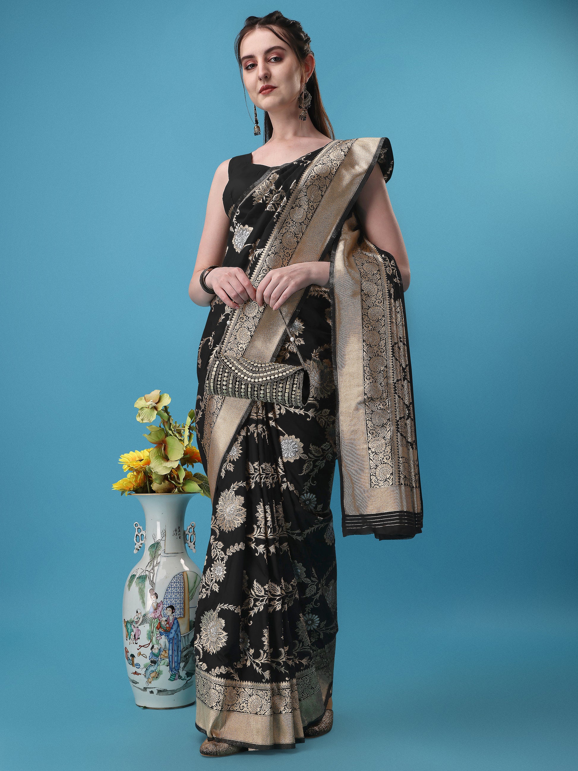 Black Banarasi Silk Jacquard Saree for Women 