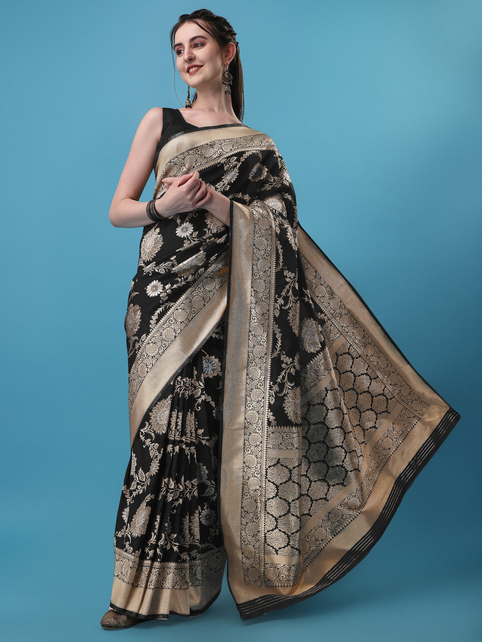 Black Banarasi Silk Jacquard Saree for Women 