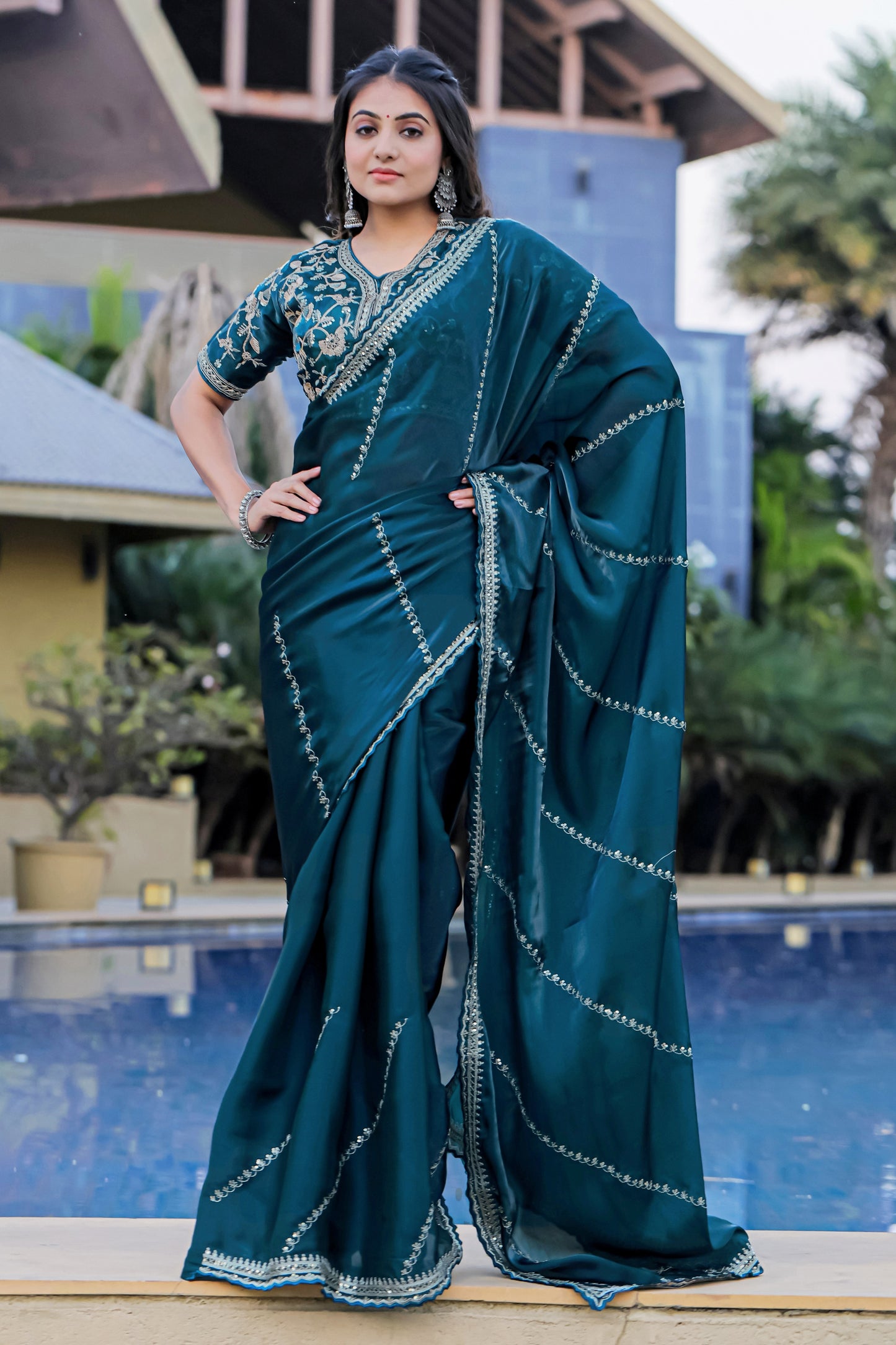 Rama Blue Organza Sequins Embroidery Saree