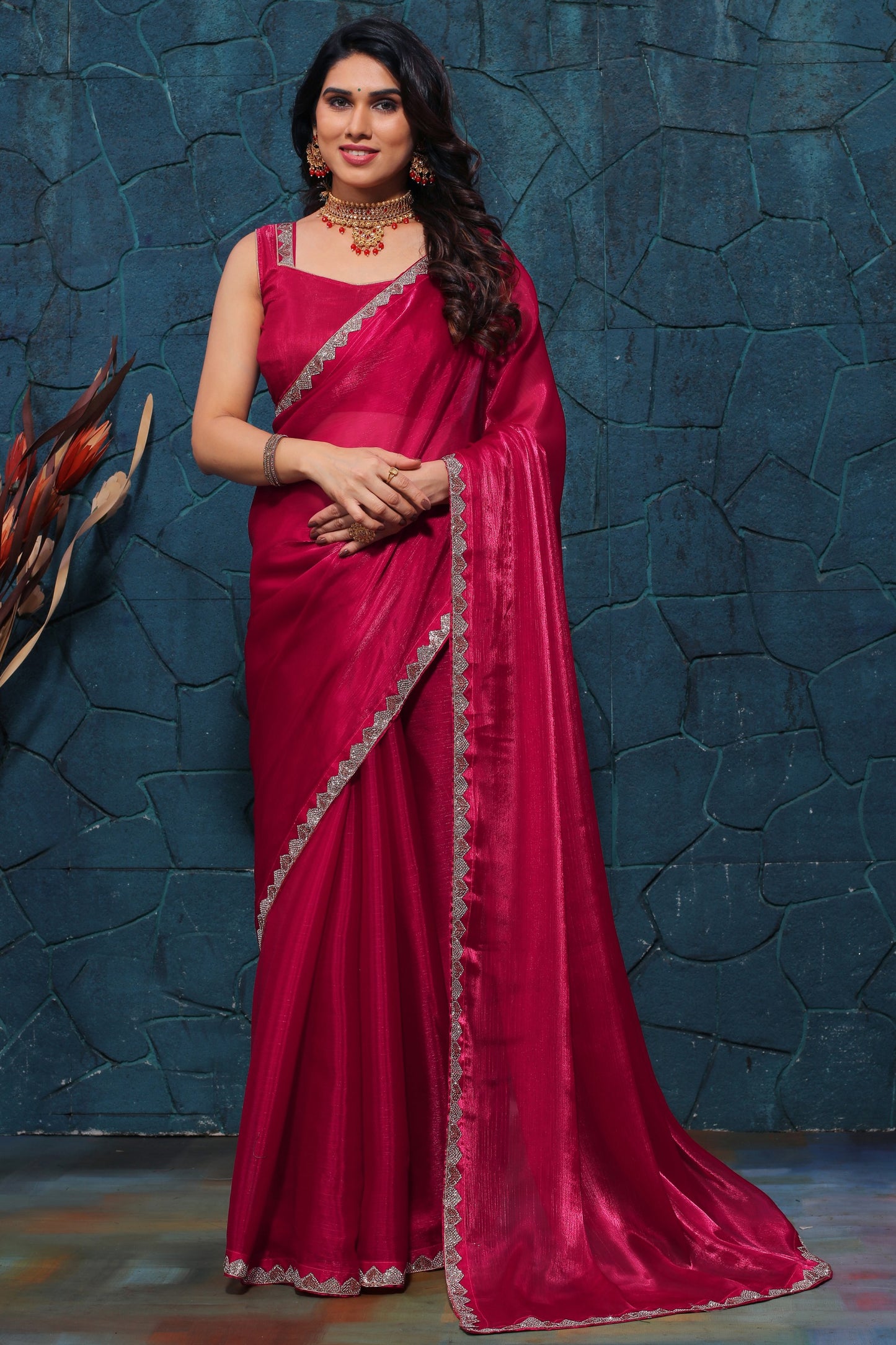 Pink Pure Silk Embellished Work Saree