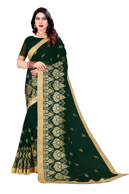 Green Georgette Embroidery Work Saree For Women 